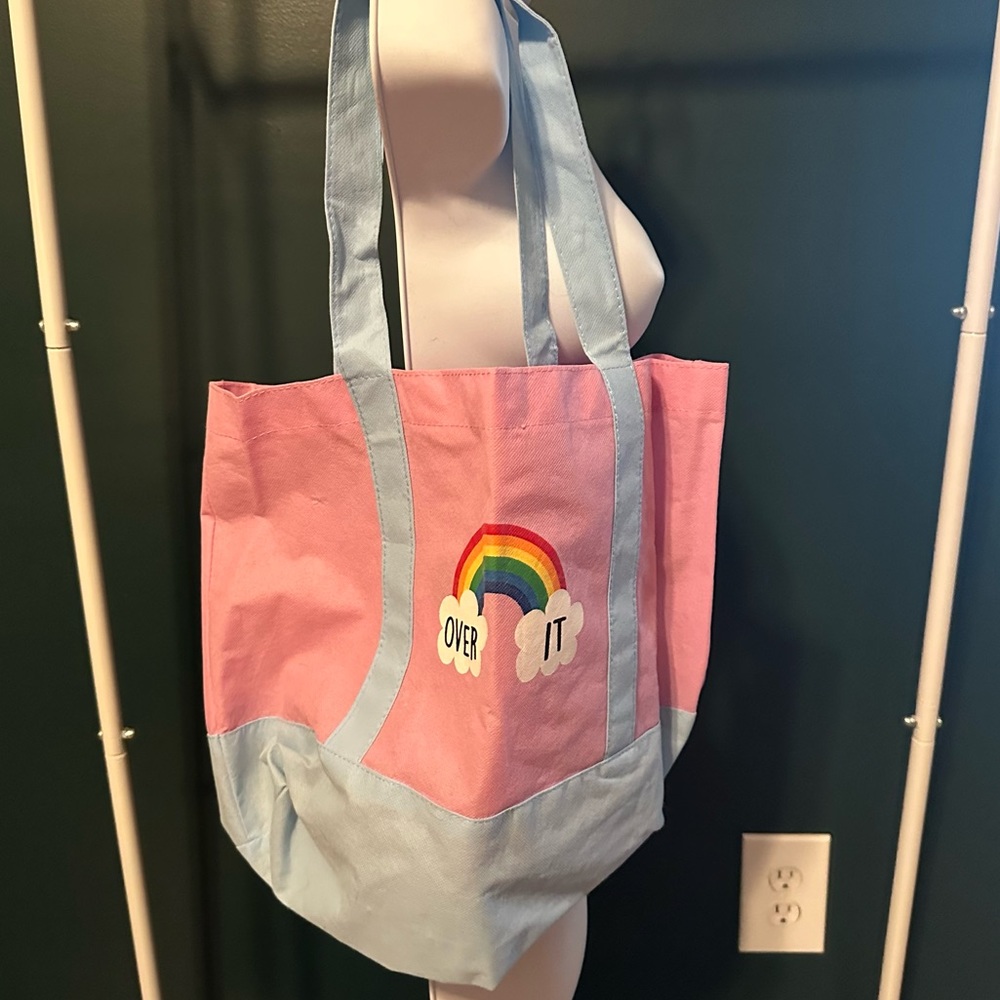 OVER IT pink tote bag with rainbow